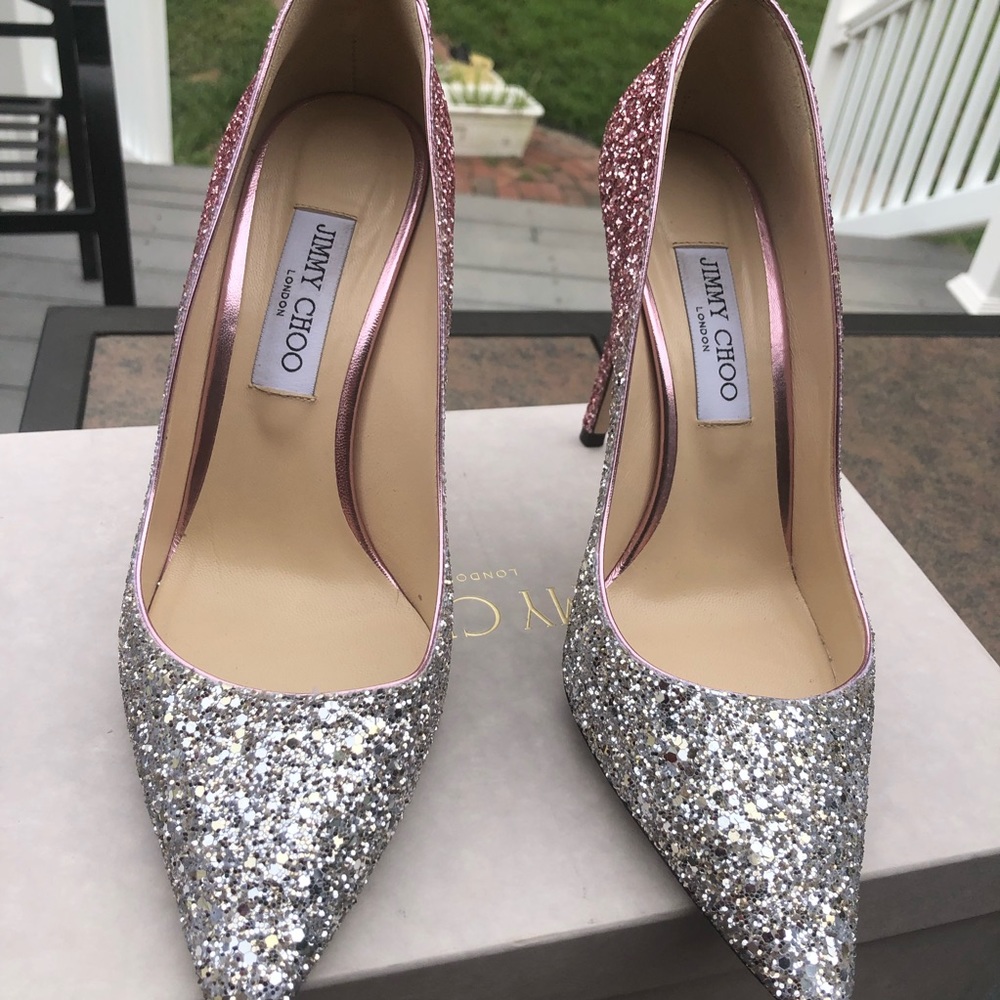 JIMMY CHOO ROMY 100 Platinum Flamingo GlitterPumps